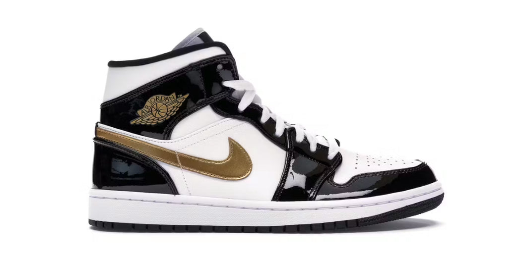 Air Jordan 1 Mid “Patent Black White Gold”